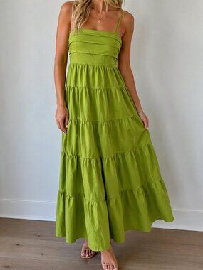 MMDZ Chartreuse Green Tiered Maxi Midi Dress with Adjustable Straps, Size 8